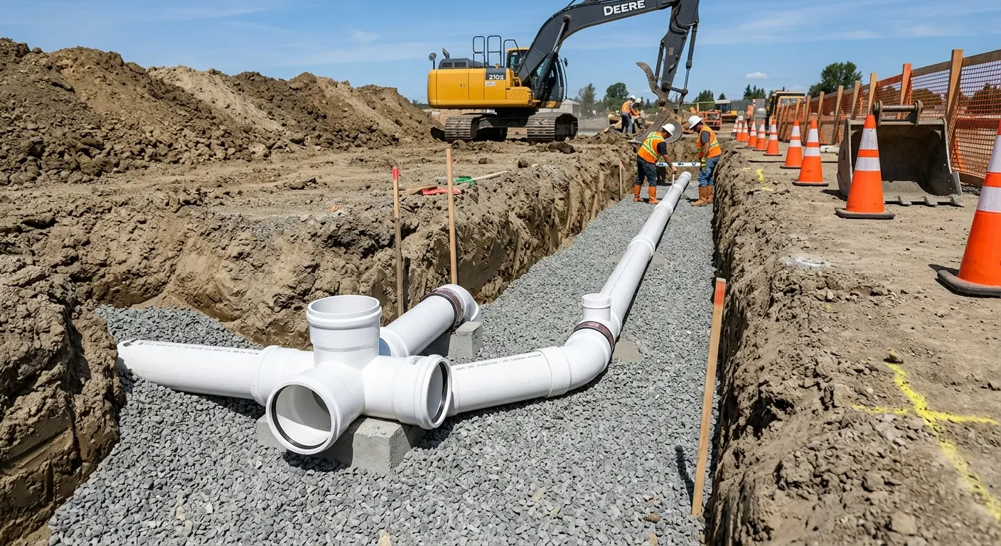 New PVC sewer pipe installation in open trench for Grease Trap Cleaning in Bella Vista