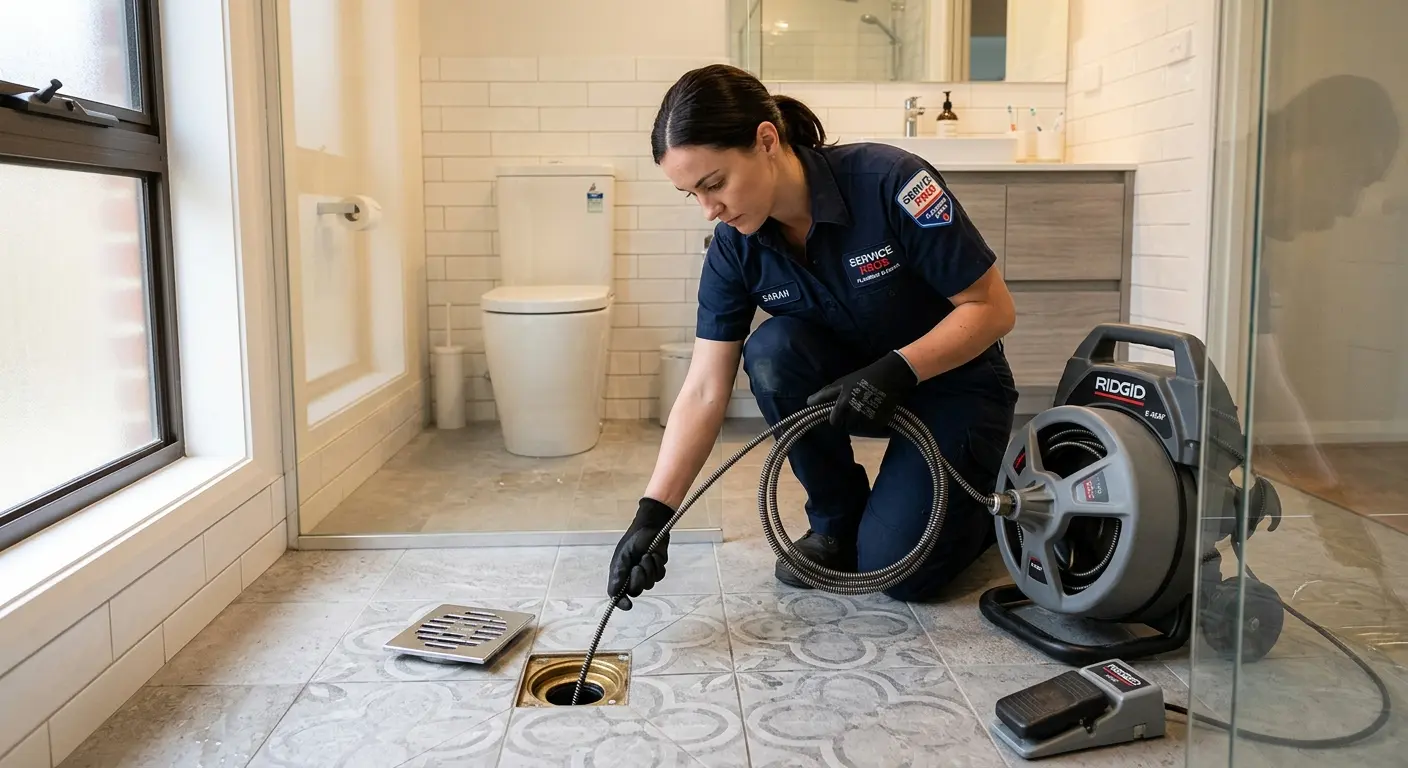 Technician clearing a bathroom floor drain for Sewer Line Replacement in Bella Vista
